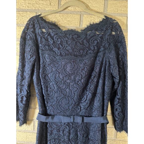 Tadashi Shoji NWOT 3/4 Sleeve Navy blue Lace Belted Waist Sz 14 Evening Dress - Picture 2 of 7